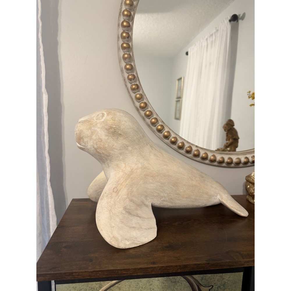 Vintage Hand Carved Wood Seal Sculpture Signed Whitewashed Coastal Folk Art 17"